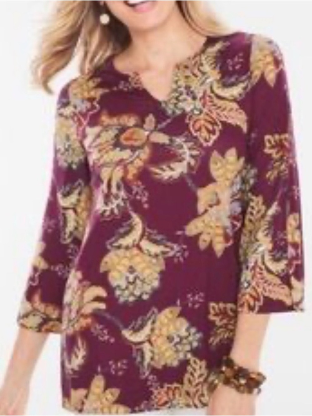 Chico's Burgundy Floral Paisley V-Neck 3/4 Sleeve Tunic Top Size 2/Large